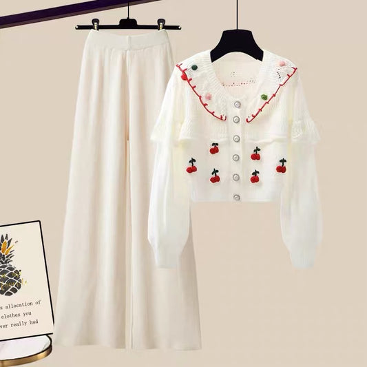 Autumn clothes are gentle, Korean, sweet, milky, sweater, coat, wide-leg pants, celebrity, Xiaoxiangfeng suit, women's autumn two-piece suit