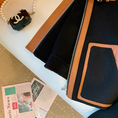 Xiaoxiangfeng contrast color woolen stitching leather jacket women's 2022 autumn and winter new Hong Kong style retro design jacket