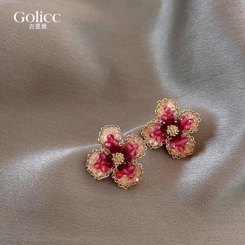 Pink flower earrings female niche design high-end sterling silver needle earrings 2022 new trendy light luxury ear accessories