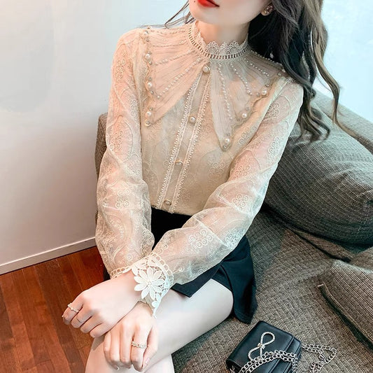 2022 autumn new lace chiffon bottoming shirt Western-style design niche top super fairy-like women's shirt