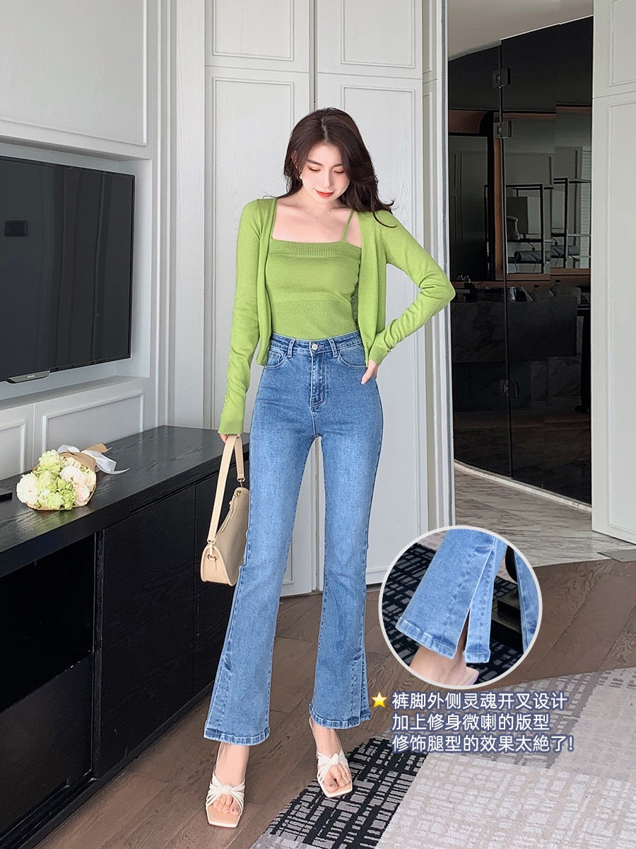 Mrs. Island Song Spring Dress 2023 New Women's Slit Slim Flared Jeans High Waist Light Color Long Pants