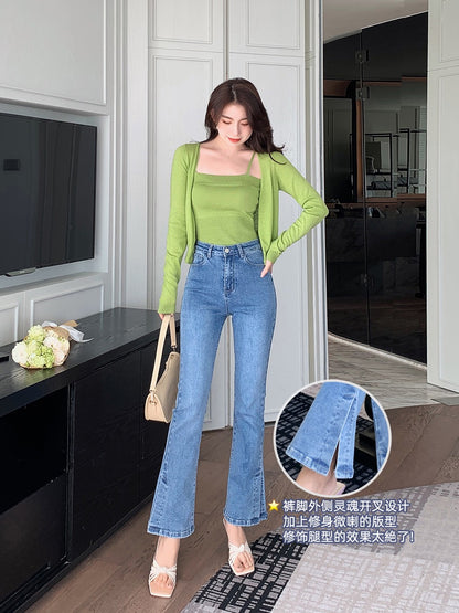Mrs. Island Song Spring Dress 2023 New Women's Slit Slim Flared Jeans High Waist Light Color Long Pants