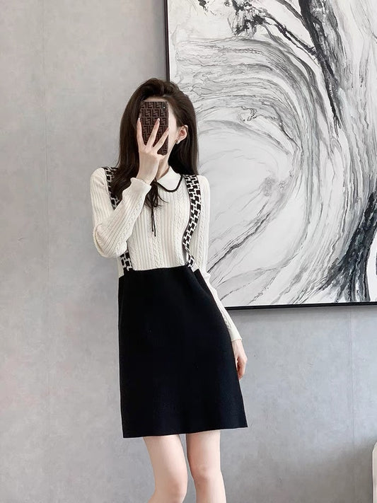 Autumn and winter high-end black knitted dress 2022 new women's French high-end fake two-piece small skirt