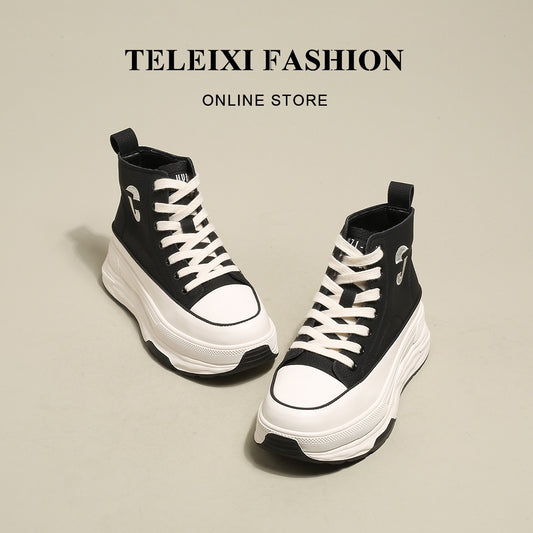 TELEIXI casual all-match ~ leather thick-soled high-top shoes women's 2022 new autumn sports fashion white shoes