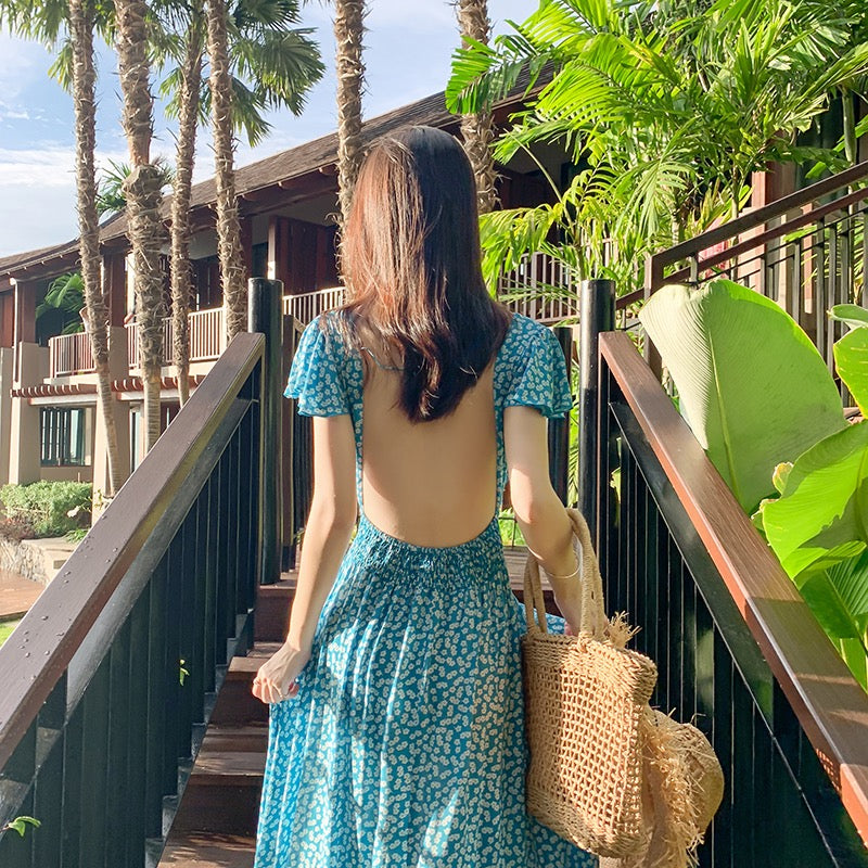 2022 new beach skirt super fairy Bali blue backless sexy Sanya seaside holiday long skirt dress female