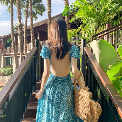 2022 new beach skirt super fairy Bali blue backless sexy Sanya seaside holiday long skirt dress female