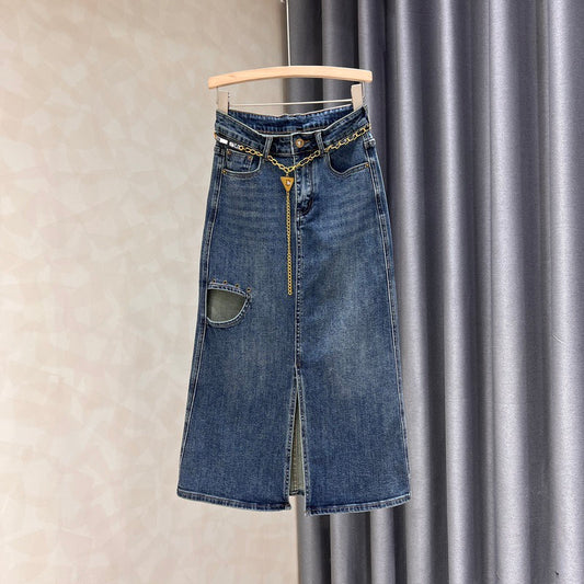 High waist denim skirt women's 2022 autumn new temperament thin ripped hole slit elastic a-line bag hip long skirt