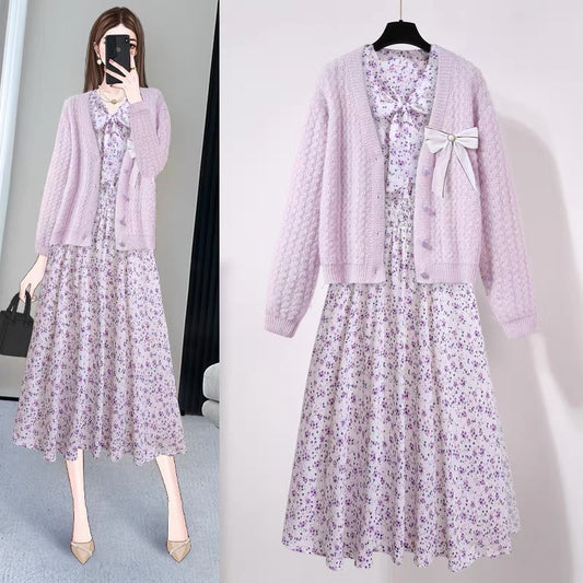 Purple floral dress 2022 early autumn new women's clothing unique skirt small chic and beautiful two-piece set