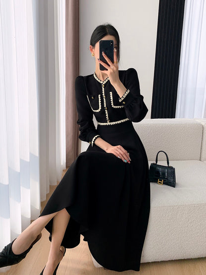 FT GUOGE black dress women's 2023 spring new high-end sense waist slimming Hepburn style long skirt