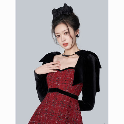 Peach heart square collar plaid dress autumn and winter women's small bowknot velvet small fragrance skirt temperament sweet skirt