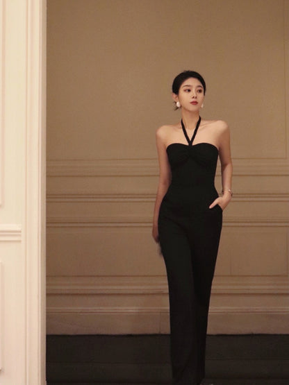 Thirteen and Little Black Halter Neck Jumpsuit Women's Summer New Slim Slim High Waist Wide Leg Pants Long Pants