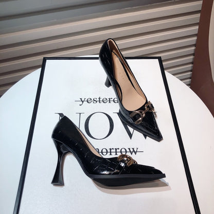 Off-white high-heeled shoes women's design sense niche temperament metal buckle pointed crocodile pattern stiletto shoes 2022 new
