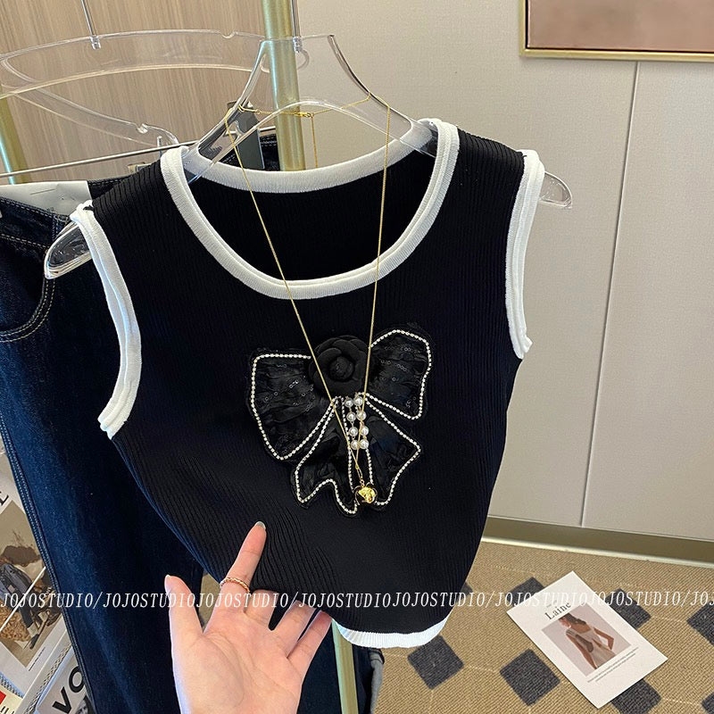 Xiaoxiangfeng Contrasting Color Bow Knot Diamond Flower Round Neck Vest Female 2022 Early Autumn New Black Short Top