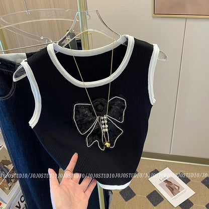 Xiaoxiangfeng Contrasting Color Bow Knot Diamond Flower Round Neck Vest Female 2022 Early Autumn New Black Short Top