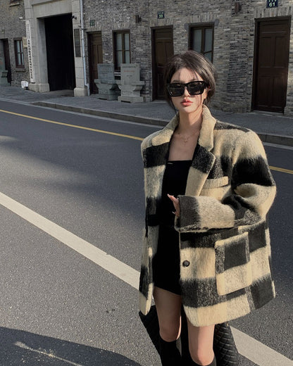 Korean plaid woolen suit jacket women's autumn and winter mid-length Hepburn style loose temperament thickened woolen coat