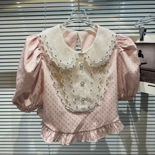 Net red with the same paragraph 2022 summer new small fragrant feng shui diamond nail beads palace neckline short-sleeved chiffon shirt shirt women