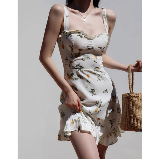 French fresh girl summer lemon slimming slim holiday dress retro strappy waist skirt dress