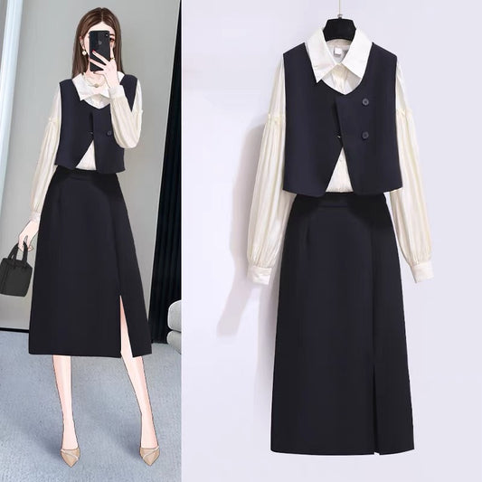 High-quality autumn clothes three-piece suit temperament goddess fan skirt autumn vest dress French bellflower two-piece suit