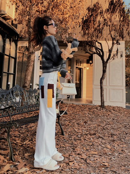 [Earth Shop] Detachable Bear Patch Contrast Color White Elastic Waist Casual Pants Female High Waist Loose Straight Leg Pants