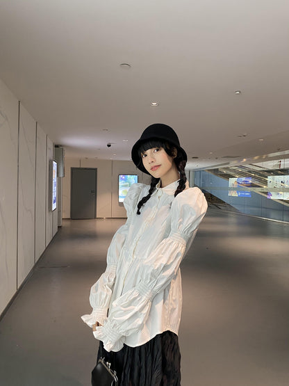 ddgirl spring white rose / age-reducing careful machine design bubble petal sleeve niche long-sleeved white shirt
