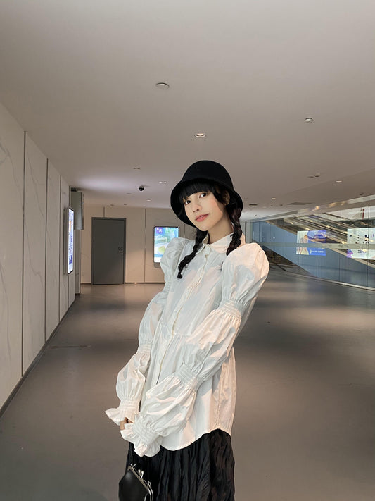 ddgirl spring white rose / age-reducing careful machine design bubble petal sleeve niche long-sleeved white shirt
