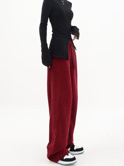 KEN STUDIO corduroy floor mopping wide-leg casual pants women's autumn and winter loose slim belt drawstring sweatpants pants