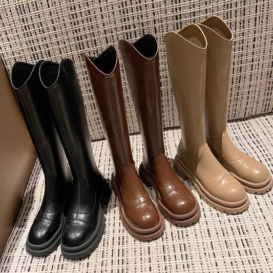 [Mr. Jimmy] Xiaoxiangfeng camellia long knight boots women's khaki small thick bottom thick leg high boots