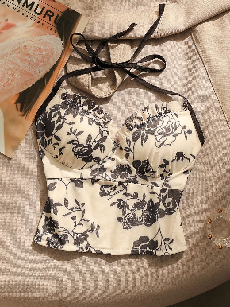 French Spice Girls Halter Neck Suspender Top Women's Summer High-end Sense Small Vest Sexy Slim Belt Chest Pad Design Sense Outerwear