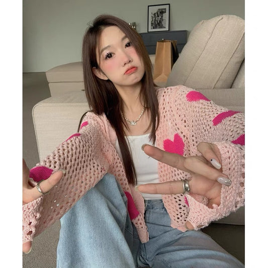 Heart Embroidery Hollow Knit Sweater Women's Autumn 2022 New Design Sense Outer Long Sleeve Sunscreen Cardigan Top