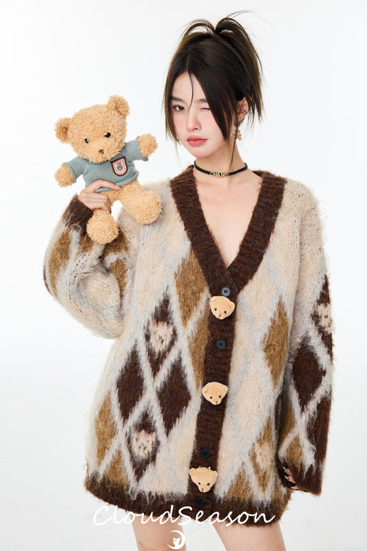 CloudSeason officially authorized rhombus v-neck bear sweater coat women's lazy retro knitted cardigan