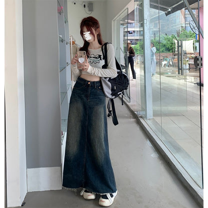 Korean version of high waist retro denim skirt women's spring a-line umbrella skirt straight skirt design sense mid-length skirt
