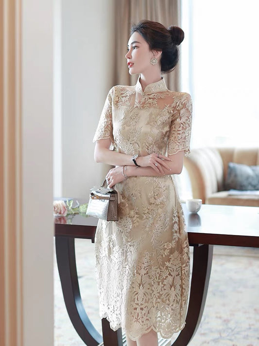 2022 new female summer ladies heavy industry embroidered cheongsam young temperament high-end everyday wearable elegant dress