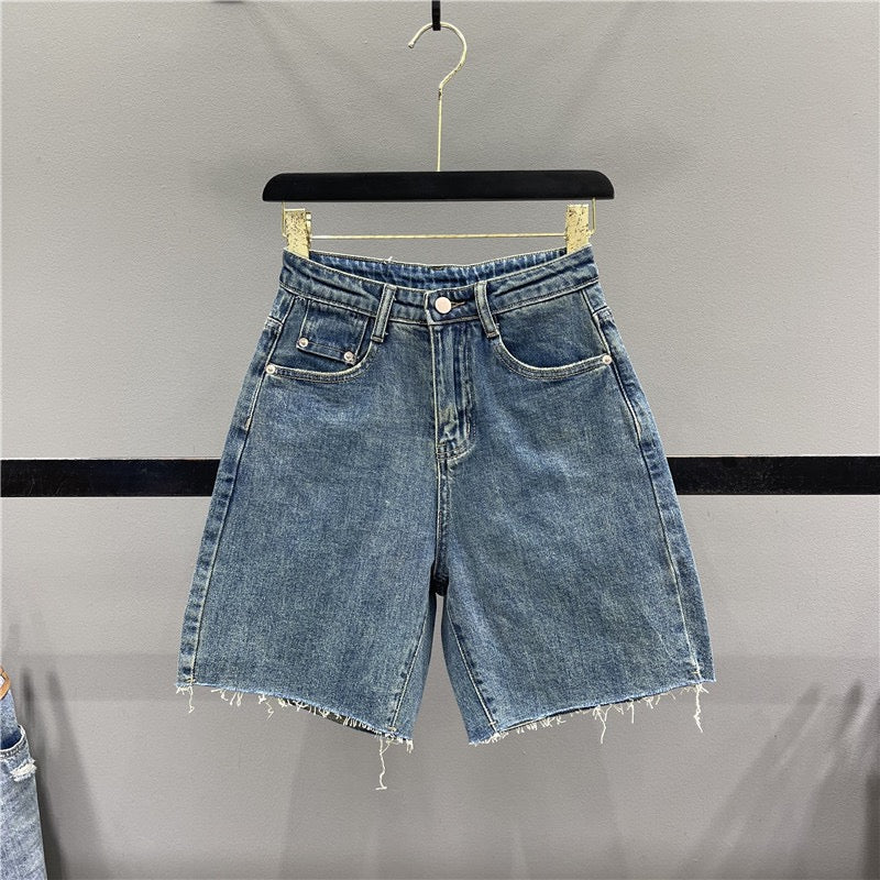 Retro washed blue denim five-point pants women's 2023 summer new high waist and slim A-line wide-leg pants