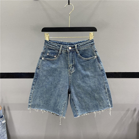Retro washed blue denim five-point pants women's 2023 summer new high waist and slim A-line wide-leg pants