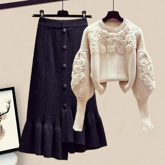 Autumn small man is tall and lazy style embroidered knitted sweater winter matching skirt suit female autumn two-piece suit 1880