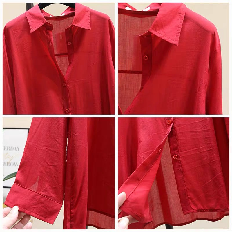 Red cotton and linen shirt women's 2022 spring new Korean version temp –  Lee Nhi Boutique