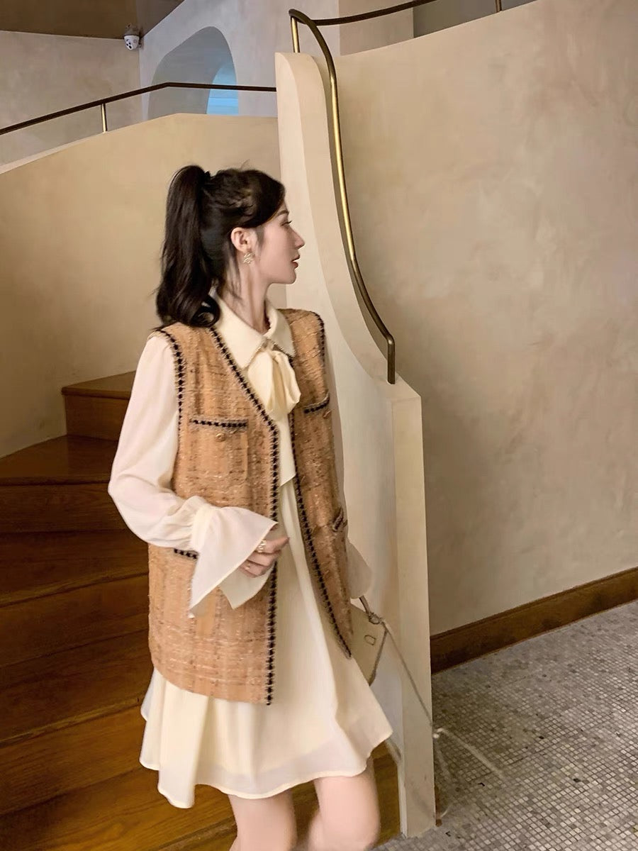 GUOGUOWOMEN tweed vest women's autumn new small fragrance V-neck sleeveless outer jacket 1106