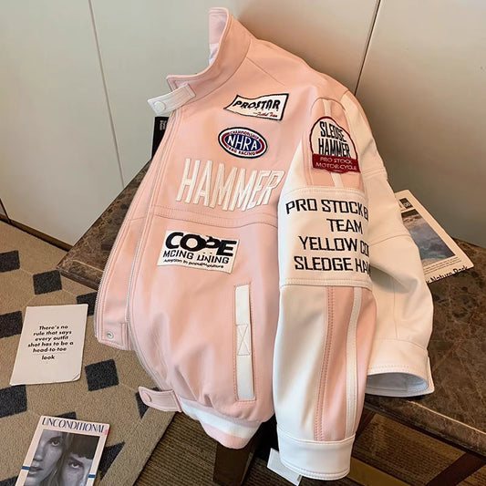 High-quality pink motorcycle leather jacket women's 2022 autumn new loose American baseball uniform jacket top trend