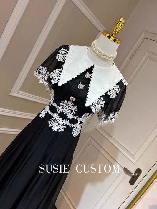 High custom Reba style black and white contrast color large lace lace slim fit waist pleated soft gauze long skirt