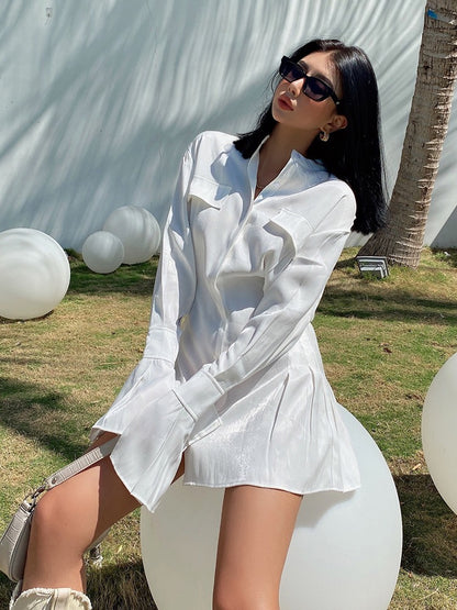 liviahome European and American sweet and spicy shirt dress glossy texture satin long-sleeved dress female design sense niche