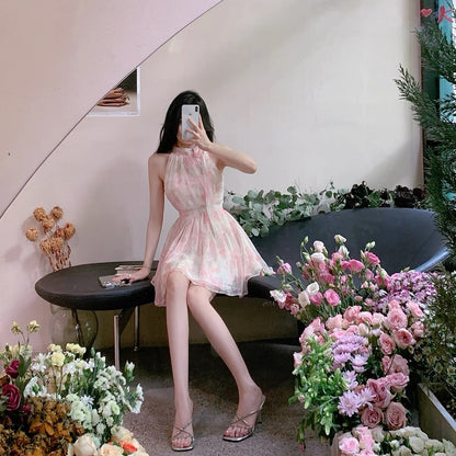 ByYou summer pink halter neck off-shoulder floral dress women's high-waisted thin high-end temperament chiffon fairy dress 1148