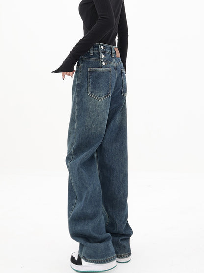 KEN STUDIO retro blue thickened high-waisted jeans women's winter plus velvet straight loose casual pants