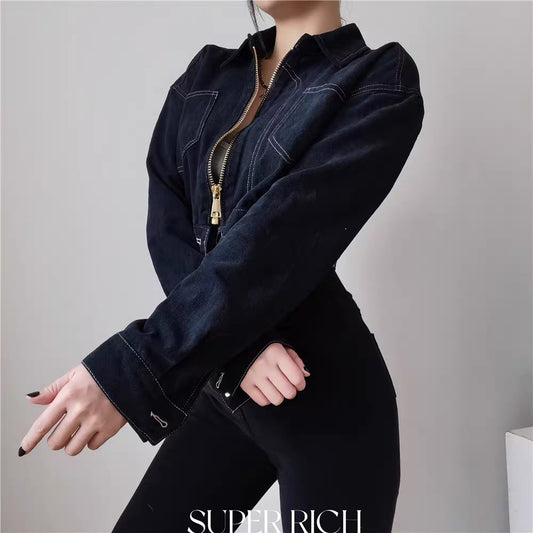 SUP American retro black top line hot girl zipper high waist short loose denim jacket long sleeve top women 2939