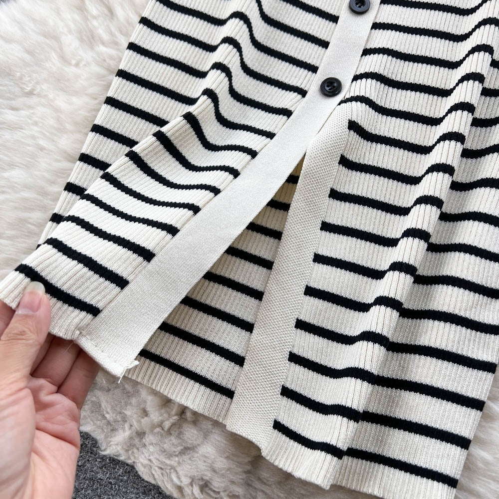 Autumn and winter new women's fashionable temperament bowknot striped knitted dress French high-quality slim wrap hip dress