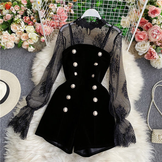 Light familiar style temperament suit lace embroidery mesh top western style velvet tube top jumpsuit shorts two-piece set for women