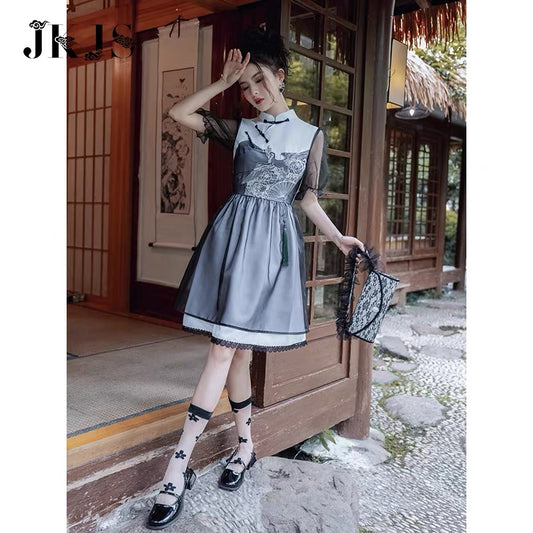 JKJS cheongsam women's summer 2022 new young temperament high-end mesh embroidery national style improved dress 1534