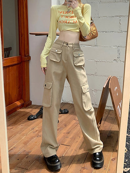 Tooling jeans spring 2023 new fashion high waist pocket design sense straight hot girl trousers ins female tide