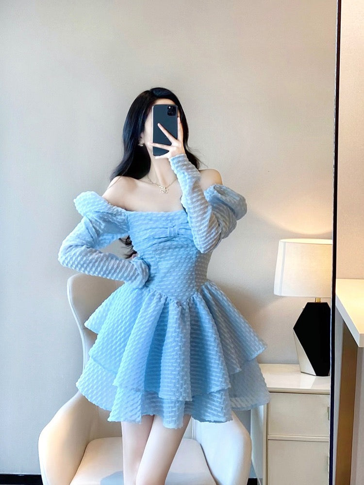 Princess tutu skirt spring women's 2023 new French square collar puff sleeves sweet a-line cake skirt dress2018