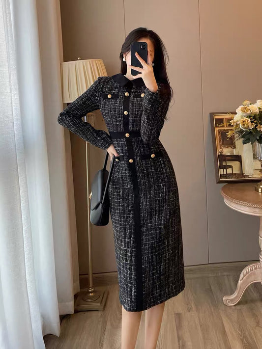 French retro goddess Fan Mingyuan temperament Xiaoxiangfeng waist thin knitted dress bottoming long skirt autumn women