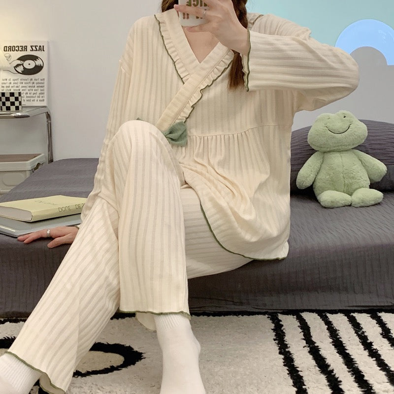 Women's pajamas spring and autumn long-sleeved cotton 2022 new bow tie can be worn outside home service summer casual suit